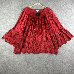 John Mark Top Shirt Womens 1X Red Velvet Eyelet Fairy Love Flare Sleeve NEW $159